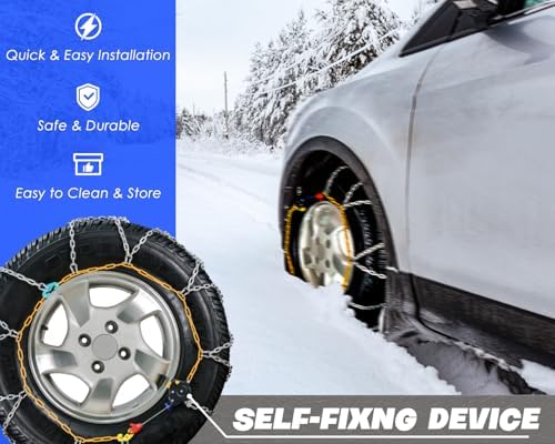 Snow-Chains Auto Fixing 1 Min Quick Fit Easy Installation Tire-Chains, Portable Reusable Universal Emergency Tire Traction Chain for Passenger Car, Pickup Trucks and SUV - Set of 2 (HKN-90)
