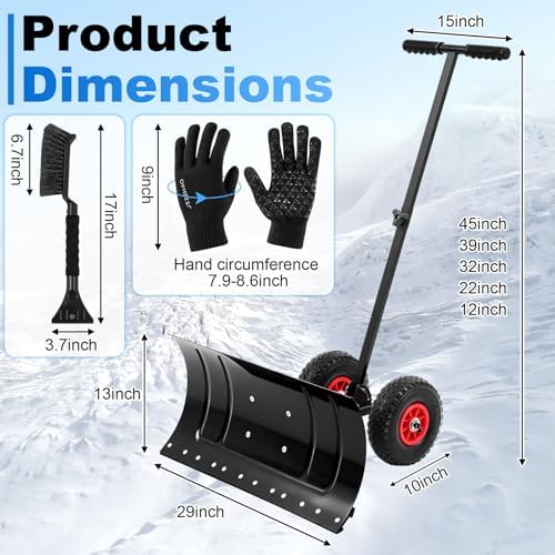Cinnvoice 29" Snow Pusher Shovel with Wheels, Heavy Duty Adjustable Angle Metal Rolling Wheeled Snow Pusher Removal, Plow Shovel on Wheels for Driveway, Sideway, Walkway, Yard, Garage, Snowy Ways
