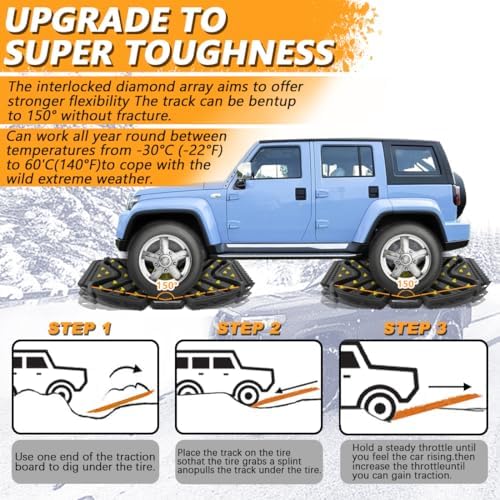 Traction Boards Recovery Boards (Pair) – 42″ × 14″ PA66 Off-Road Tracks with 34 High-Strength Contrasting-Color Spikes, Flip-Shovel & Jack-Base Design, Tow Strap – Sand, Mud, Snow 4×4 SUV ATV Truck