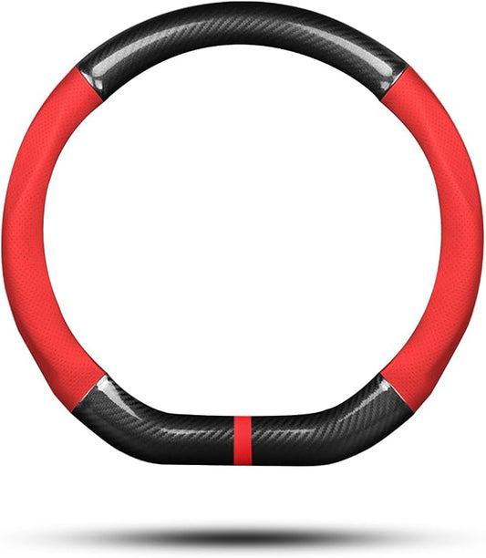 Ergocar Car Steering Wheel Cover Non-Slip Car Steering Wheel Protector Sport D-Shape Carbon Fiber & PU Leather Universal for Diameter 38cm(15") (Black-red-Stripe-B)