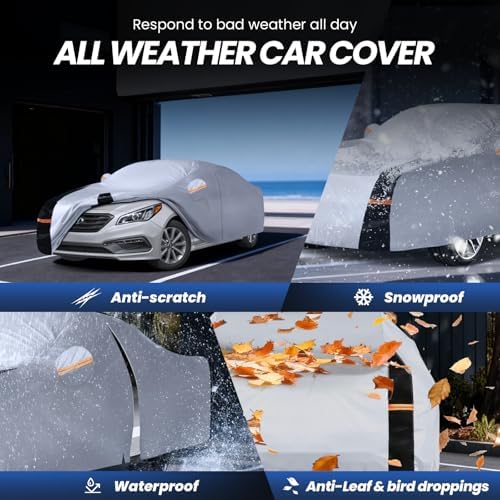 Multi-Layer Car Cover Custom Fit for Hyundai Sonata(2004-2026), 100% Waterproof All Weather for Automobiles, Gift with Towel, Heavy Duty Car Covers for Rain Sun UV Protection with Door Zipper