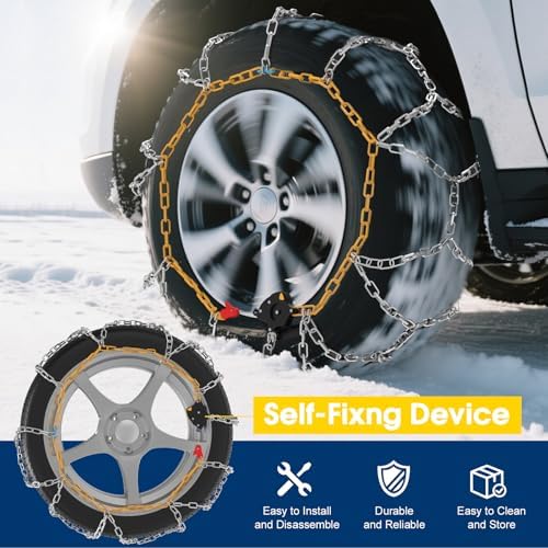 Auto-Fixing Snow Chains, 30s Quick Fit Easy Installation Tire-Chains, Portable Reusable High Carbon Steel Anti Slip Tire Chain for Passenger Car, Pickup Trucks and SUV - Set of 2