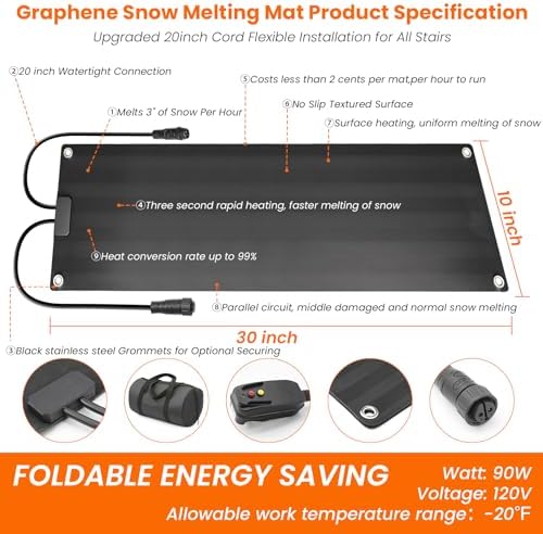 Graphene Snow Melting Mats for Stairs,Non-Slip Rubber Heated Walkway Mat,Fast Ice Melt 3 in/h,Safe & Energy Saving with Extended 50cm Cord,10"x30" with 1 Plug 3pcs