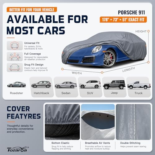 Car Cover Waterproof All-Weather,Outdoor Full Exterior Coupe Covers Custom Fit for Porsche 911,Chevrolet Corvette Cavalier Cobalt,Audi A5,BMW M2 320 323 325 328 330,etc,Size C3(See Size Chart)