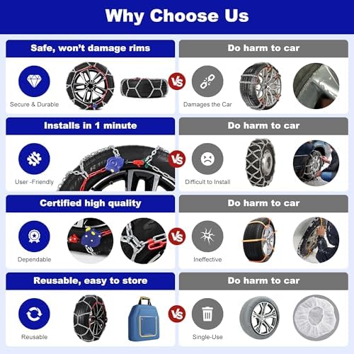 Auto-Tightening Snow Chains, 1-Minute Quick Install Tire Chains for Cars/SUVs/Trucks, 4.5MM Heavy-Duty Emergency Traction, Set of 2