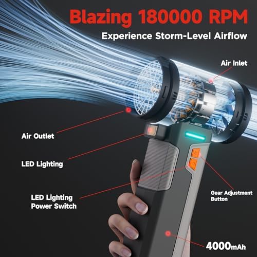 Cordless Car Dryer Air Blower, 1.6KG Turbo Thrust,4-Speed Rechargeable Electric Leaf Blower with LED Light,4000mAh Battery,64mm Turbo Fan&3 Nozzles for Car Drying, Leaves&Snow