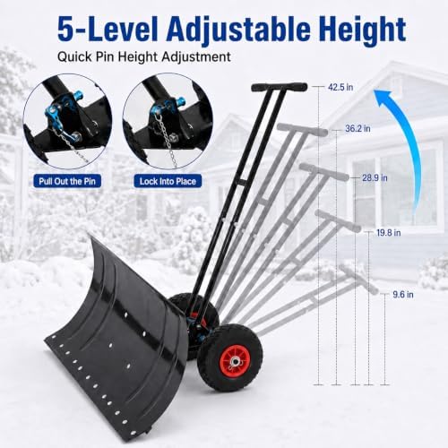29" Metal Snow Shovel with Wheels, Ergonomic Handle for Snow Removable