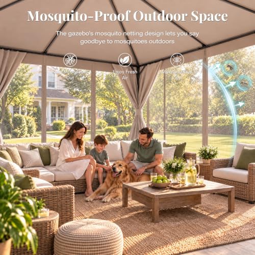 LAUSAINT HOME 12x12 Gazebo Canopy with Netting, Curtains & Double Roof