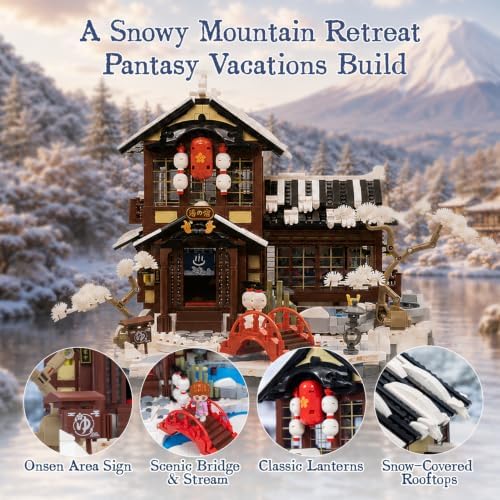 PANTASY Japanese Onsen Building Set for Adults, Snowy Hot Spring Inn
