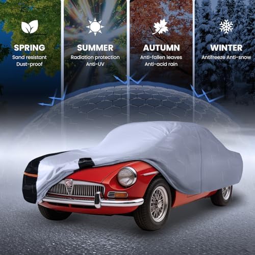 Multi-Layer Car Cover Custom Fit for MG MGB(1962-1981), 100% Waterproof All Weather for Automobiles, Gift with Towel, Heavy Duty Car Covers for Rain Sun UV Protection with Door Zipper