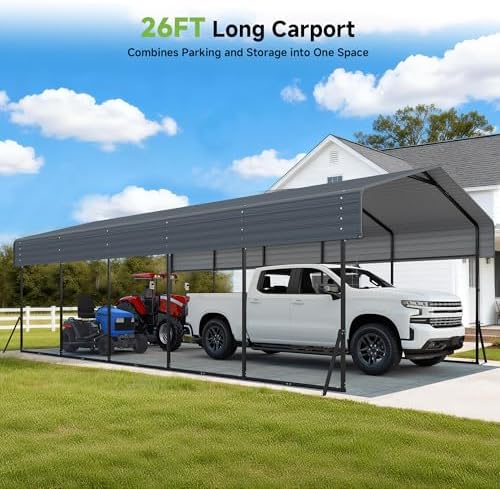 Real Relax 13x26 FT Heavy Duty Metal Carport, Gray