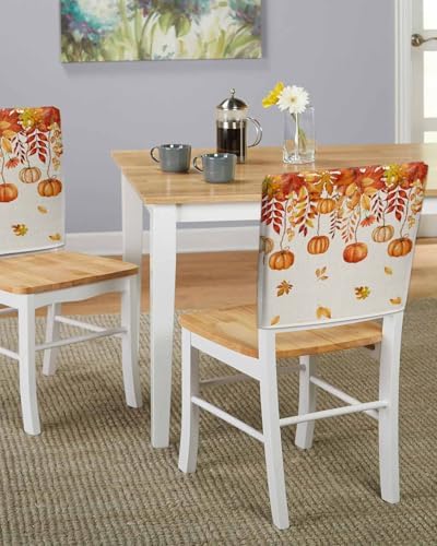 Thanksgiving Orange Pumpkin Chair Back Covers Set of 6 Fall Maple Leaves Floral Linen Texture Washable Removable Chair Cover Slipcover Protector for Dining Room Hotel Party Holiday Decor