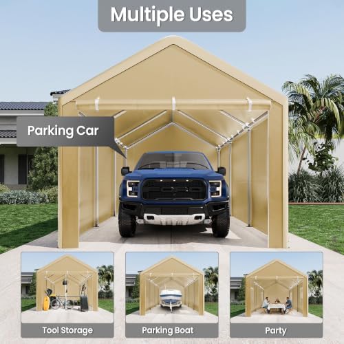 Morngardo Carport 10'x20' Heavy Duty Car Canopy Portable Garage with Removable Sidewalls & Doors for Truck Boat Car Port, Party, Storage (Khaki)