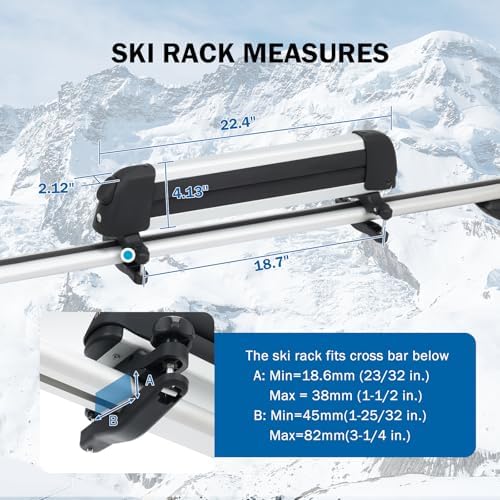 16.3 Inch Car Roof Ski & Snowboard Rack,Fishing Rod Rack, Fits 2 Pairs Skis or 2 Fishing Rods, with Anti-Theft Lock & TPV Rubber Padding, Fits Square/Round/Aero/Oval Cross Bars, Silver