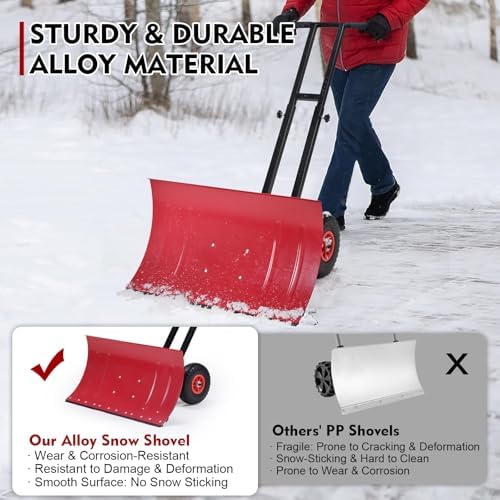 Snow Shovel with Wheels, 29X16.5inch Angled Steel Blade，Heavy-Duty Snow Shovel Pusher and Plow with Height Adjustable Handle for Driveway and Efficient Snow Removal (29 Inch X16.5 Inch)