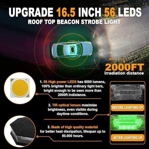 ASPL 16.5 Inch Roof Top Beacon Warning Strobe Light for Trucks Green White
