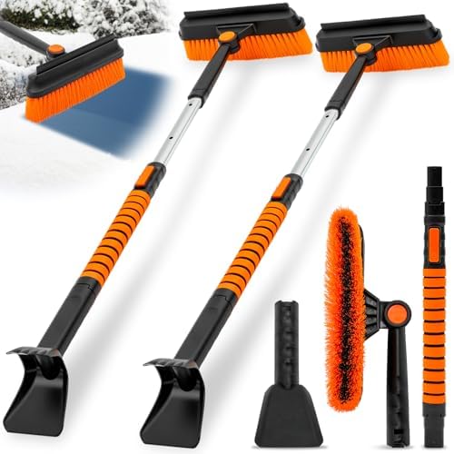 2 Pcs 33" to 39" Extendable Snow Brush and Ice Scraper for Car Windshield 3 in 1 Telescoping Handle with Detachable Brush Squeegee Foam Grip for Car SUV Truck Snow Winter Removal Orange