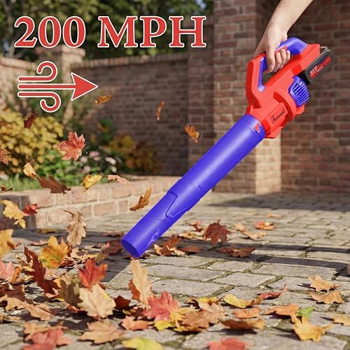 Leaf Blower Cordless with Battery and Charger, 500 CFM/200 MPH, Electric Leaf Blowers with 2 Speeds, 2 Extended Tubes, 1 x 2.0 Ah Battery-Powered Leaf Blowers for Lawn Care, Blowing Leaves, Yard(RED)