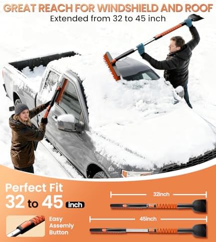 Zanch 2025 Upgrade Extendable 3-in-1 Car Snow Brush and Ice Scraper [45" Extendable Handle] with 360° Rotating Brush Head for Car Windshield Clear Snow, Ice and Frost, for All Cars/Truck/SUV