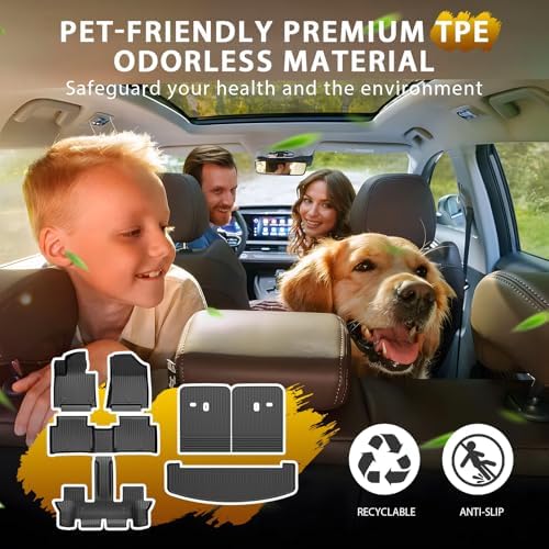 Powerty Floor Mats for Hyundai Santa Fe 6-Seater 2024-2026 2027 (Include Hybrid&Gas), All Weather 3D TPE Anti-Slip Trunk Cargo Liner Seat Back Covers Protectors Full Set Car Accessories