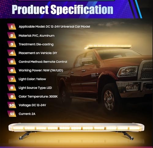 51" 96 LED Light Emergency Warning Security Strobe Hazard Flash Light Bar 16 Flashing Modes for Truck Tow Construction Vehicle Car Snowplow Rooftop with Control Pannel High Intensity (Amber/White)