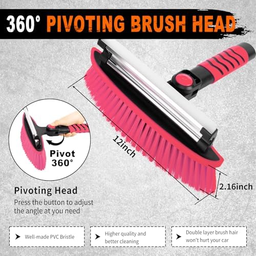 METOWARE 44" Ice Scraper and Snow Brush for Car Windshield, Extendable Heavy Duty Ice Remover with 360° Pivoting Head for SUV Truck, Ergonomic Grip, Pink