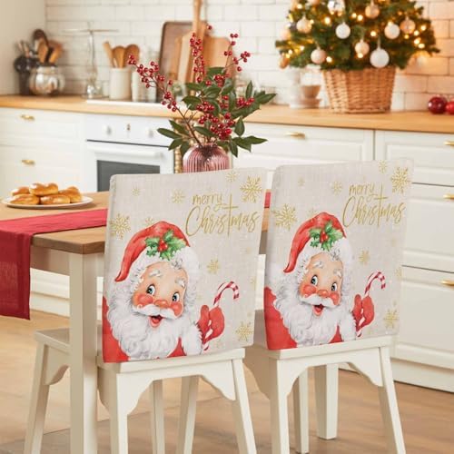 Merry Christmas Chair Back Covers Set of 8 Santa Claus Xmas Gold Snowflake Linen Texture Washable Removable Chair Cover Slipcover Protector for Dining Room Hotel Party Holiday Decor