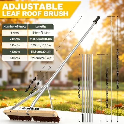 Huracan Leaf Roof Brush Year-Round, Snow Roof Rake with Gloves, 5-21ft Adjustable Leaves Snow Removal Tool, Anti-Slip Handle Cleaning Brush Extension Aluminum Poles, for Cars Shingles Solar Panels