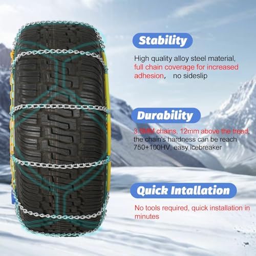 Auto Fixing Snow Chains, 2 x 12 mm, 30s Quick Installation of Tire Chains with Automatic Tensioner, Universal Emergency Tire Traction Chain for Cars, Pickups, and SUVs (HLN 140)