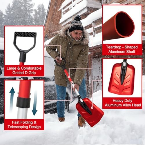 SnowPro Snow Shovel for Car, Fast Folding and Telescoping Design for Emergency Snow Removal - Compact Snow Shovel Kit - Collapsible and Portable Utility Shovel for Camping Hiking