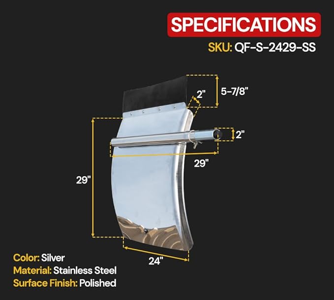 Mytee Products 2 Pack 24" x 29" Stainless Steel Quarter Fender Set for Semi Trucks – Polished Finish with Tube Bracket Mounting Kit, Universal Fit for Trailers & Class 8 Vehicles (Left & Right Set)