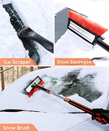 COFIT Car Snow Brush with Ice Scraper and Squeegee 3 in 1, 50" Extendable Cleaning Kit Long Handle, Windshield Snow Removal Tool Scratch Free, SUV Truck RV Window Roof Exterior Wash Supplies, Orange