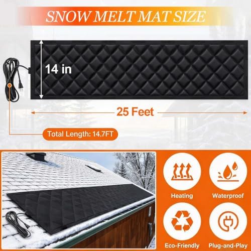 Snow and Ice Melting Mats, 25' x 14" Heated Snow Melting Mat, Anti-Slip Rubber Outdoor Ice Melt Pad, 3in/h Fast Melting, Ice Dam Protection for Roof Valley, Walkways, Steps, Driveway & Front Porch