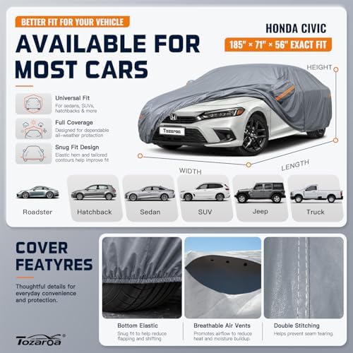 Car Cover Waterproof All-Weather,Outdoor Full Exterior Sedan Covers Custom Fit for Honda Civic,Ford Focus,Chevrolet Cruze,Hyundai Elantra,Kia Forte,Audi A3,Dart,etc,Size A1(See Size Chart)