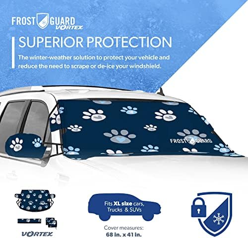 FrostGuard Vortex | Full-Coverage Car Windshield Cover for Ice and Snow, XL Size (Puppy Paws) - Wiper Blade + Side Mirror Covers - Fit-Fast Straps, Security Panels + Storage Pouch - for Trucks, SUVs