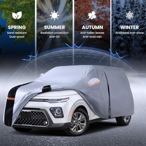 Multi-Layer Car Cover Custom Fit for Kia Soul(2009-2026), 100% Waterproof All Weather for Automobiles, Gift with Towel, Heavy Duty Car Covers for Rain Sun UV Protection with Door Zipper