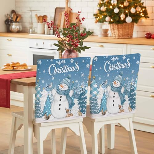 Christmas Snowman Chair Back Covers Set of 6 Xmas Tree Snowflake Blue Washable Removable Chair Cover Slipcover Protector for Dining Room Hotel Party Holiday Decor