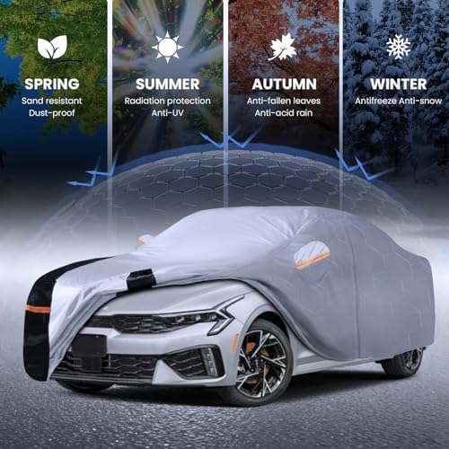 Multi-Layer Car Cover Custom Fit for Kia K5(2020-2026), 100% Waterproof All Weather for Automobiles, Gift with Towel, Heavy Duty Car Covers for Rain Sun UV Protection with Door Zipper