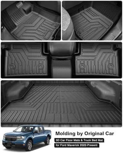 Powerty Floor Mats Truck Bed Mat for 2022-2024 2025 2026 Ford Maverick Gas Model All Weather 3D TPE Anti-Slip Protection, 1st & 2nd Row Set with Truck Bed Liner Accessories