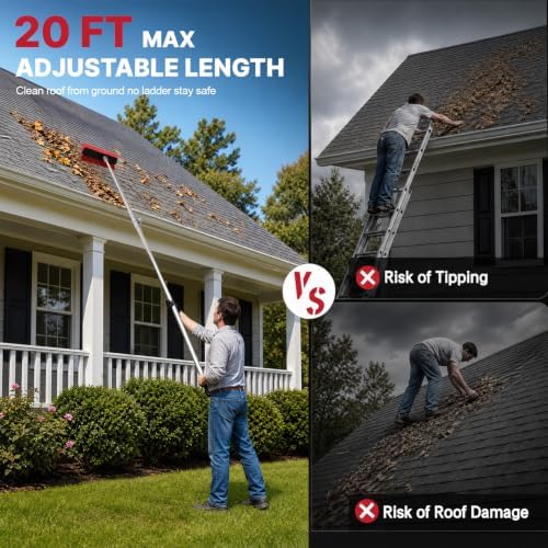 2-in-1 Roof Rake for Snow Removal & Leaf Cleaning, 5-20FT Adjustable
