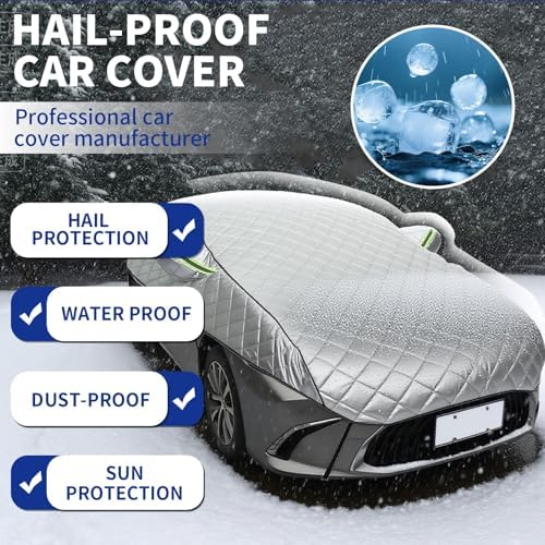 Hail Protection Car Cover Half Cover,5-Layer Heavy Duty Waterproof 210T Taffeta with Double Cotton Padding,Sun UV Rain Snow Resistant,Fit Hatchback with Lengths from 3.8 m to 4.3 m(Color:Silver).
