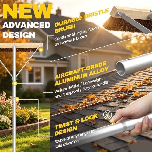 Huracan Leaf Roof Brush Year-Round, Snow Roof Rake with Gloves, 5-21ft Adjustable Leaves Snow Removal Tool, Anti-Slip Handle Cleaning Brush Extension Aluminum Poles, for Cars Shingles Solar Panels