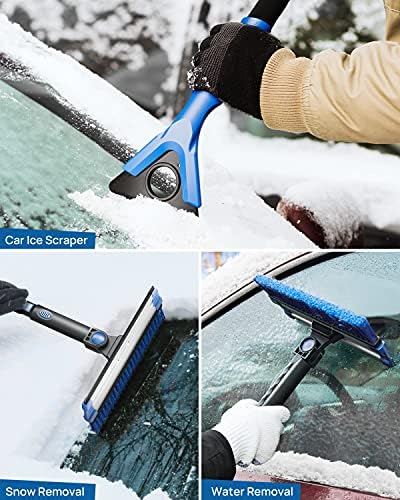 JOYTUTUS 47” Car Snow Brush, 4 in 1 Extendable Auto Car Snow Removal Broom Brush with Squeegee, 270° Foam Grip Car Retractable Snow Shovel with Durable Ice Scraper and Gift Gloves for Car SUV, Blue.