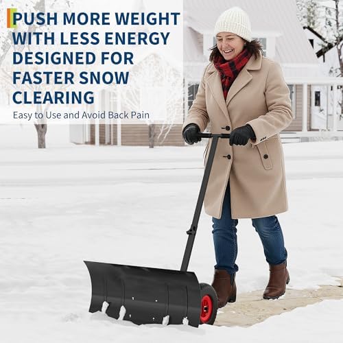 Large Black Wheeled Snow Shovel for Driveway - Heavy Duty Adjustable Snow Pusher with 5-Position Angle & Height Handle - Ergonomic Design for Back-Save Effort Snow Removal, 30" W x 18" H