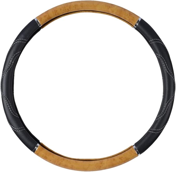 BDK Motor Trend Ergonomic Heavy Duty Large Steering Wheel Cover for Trucks Big Rigs Bus 18" Inch Large Steering Wheel, Light Wood with Black Leather Grip, Improve Grip Anti-Fatigue for Long Drives