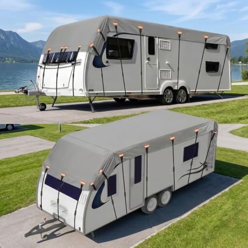 2026 Upgraded Heavy Duty RV Roof Cover,3000PA Waterproof Camper Top Cover with 16 Adjustable Buckles & 16 Reflective Reinforcement,16ft to 44ft for Travel Trailer Pop-Up Camper