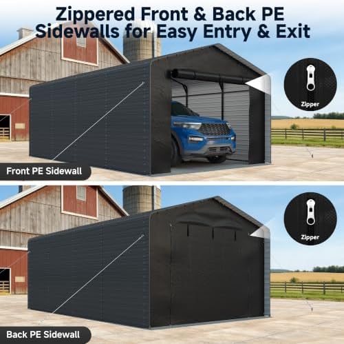 Real Relax 12x20 FT Metal Carport with Side Panels & PE Sidewalls, Gray
