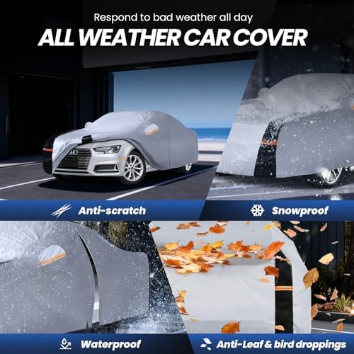 Multi-Layer Car Cover Custom Fit for Audi A4 (2007-2026), 100% Waterproof All Weather for Automobiles, Gift with Towel, Heavy Duty Car Covers for Rain Sun UV Protection with Door Zipper.