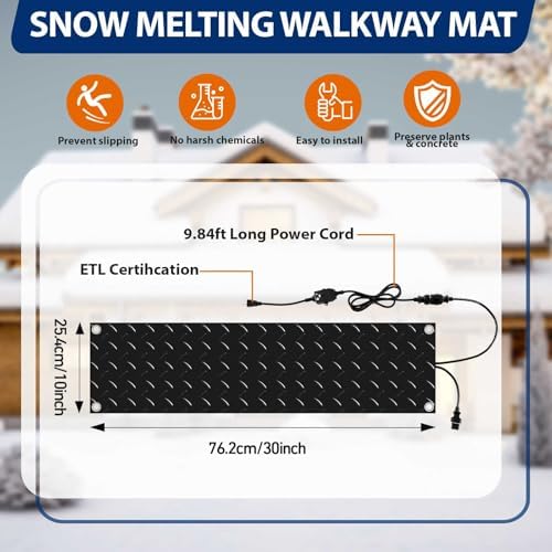Riakrum 7 Pcs Heated Snow Melting Mats Outdoor, 10 x 30 in Winter Anti-Slip Heated Rubber Mat for Walkways Decks and Sidewalks, Electric Snow and Ice Melting Pads Connection with 9.84 ft Power Cord