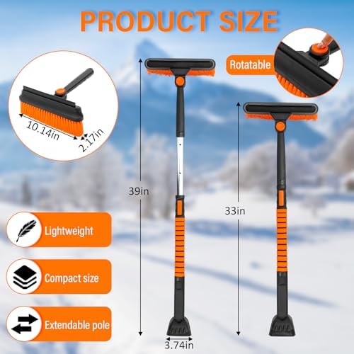 1 Pcs 33" to 39" Extendable Snow Brush and Ice Scraper for Car Windshield 3 in 1 Telescoping Handle with Detachable Brush Squeegee Foam Grip for Car SUV Truck Snow Winter Removal Orange